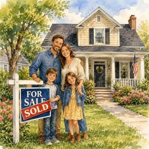 Happy Family in front of their new home with a sold sign in the front yard.