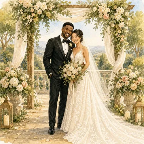 A happy couple just married standing under an altar
